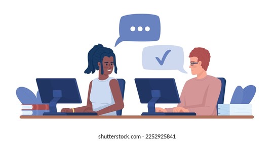 Young employees working in open-plan office semi flat color vector characters. Editable figures. Full body people on white. Simple cartoon style illustration for web graphic design and animation