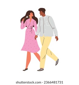 Young enamored couple walking holding hands. Relationship, love and tenderness concept. Man and woman with flower cartoon vector characters in honeymoon. Marrieds, wedded pair, husband and wife.