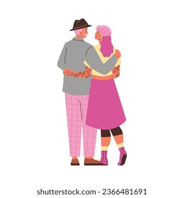 Young enamored informal couple with piercing and tattoos hugging, view from the back. Love relationship and tenderness. Man and woman with pink hair in honeymoon. Vector cartoon marrieds, wedded pair