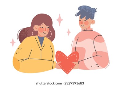 Young Enamoured Man and Woman Holding Love Heart Feeling Passion Vector Illustration