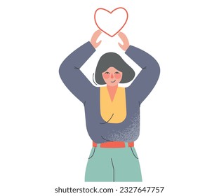 Young Enamoured Woman with Love Heart Feeling Passion Vector Illustration