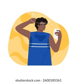 A young, energetic athlete dressed in a blue tank top is checking their phone right after finishing a workout
