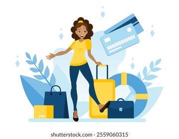 A young energetic girl is preparing for a journey. The concept of planning a vacation using payment cards with payment worldwide. Flat vector illustration
