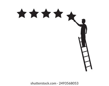 joven hombre feliz enérgico sube una escalera que lleva 1 estrella, por lo que es de 5 estrellas seguidas. Dar muy buena recomendación al vendedor. stock Vector.