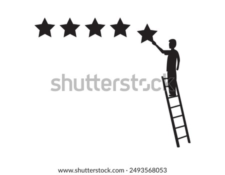 young energetic happy man climbs a ladder carrying 1 star, making it 5 stars in a row. Give very good recommendation to the seller. stock vector.