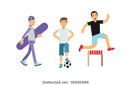 Young Energetic Man Doing Sport Activity Vector Illustration Set