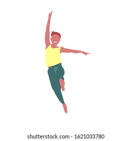 Young energetic man in a jump while dancing. Dressed in simple light clothes. Vector merry isolated illustration.