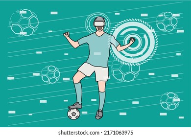 Young energetic man ready to play football in virtual reality. Flat design illustration