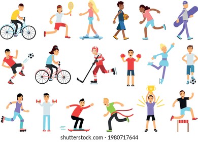 Young Energetic Man and Woman Doing Sport Activity Vector Illustration Set