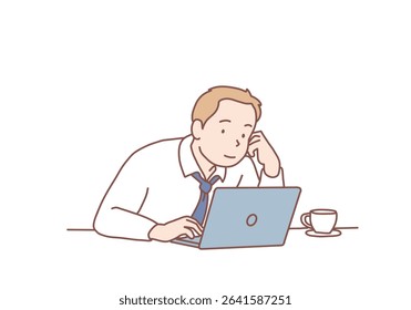 Young energetic office worker works with a laptop computer with determination in the office. Hand drawn style vector design illustrations.