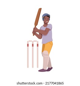 Young energetic player hit the ball at cricket tournament vector illustration. Flat cartoon afro american child plays cricket sport activity, batsman in defense uniform