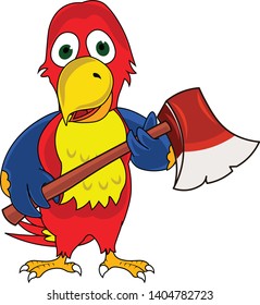 young energetic smart wonderful colorful parrot holding an axe