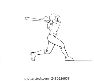 Young energetic woman batter practice to hit the ball. Sport training concept. Modern continuous line drawing illustration for baseball tournament banner design