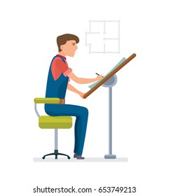 Young engineer behind the workplace draws a drawing of the room design, on a detailed scheme. Vector illustration isolated on white background in cartoon style.