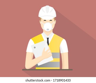 young engineer character wearing a mask. construction worker, architect, engineer character flat vector.