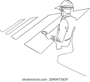 An Young Engineer Is Checking With Tablet An Operation. Concept: Renewable Energy, Technology, Electricity, Service, Green, Future. Continuous One Line Drawing. Minimal Outline Concept