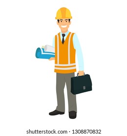 young engineer in a construction helmet and with drawings. Vector illustration isolated on white background.