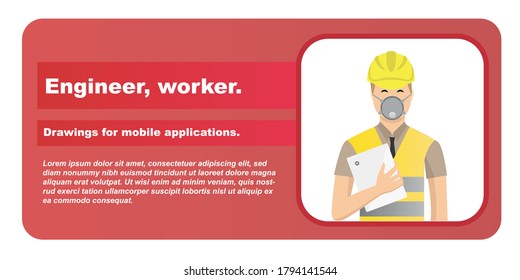 young engineer icon. Construction worker in medical mask, flat vector.