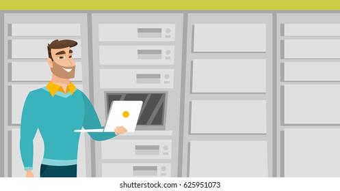 Young engineer with laptop working in network server room. Engineer standing in network server room. Network engineer using laptop in server room. Vector flat design illustration. Horizontal layout.