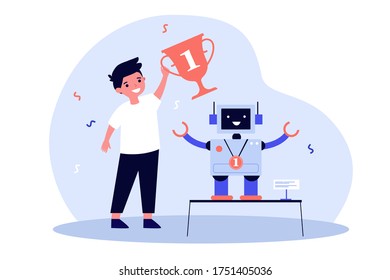 Young engineer making robot and winning award flat vector illustration. Cartoon winner holding cup for electronic toy. School programming project and competition concept