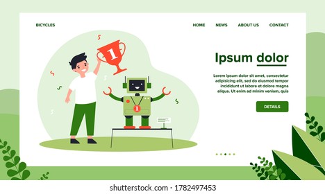 Young engineer making robot and winning award flat vector illustration. Cartoon winner holding cup for electronic toy. School programming project and competition concept
