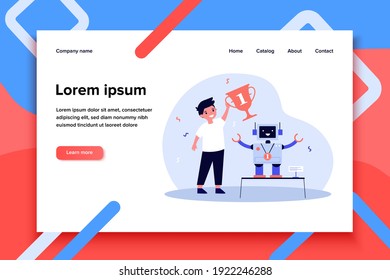 Young engineer making robot and winning award flat vector illustration. Cartoon winner holding cup for electronic toy. School programming project and competition concept