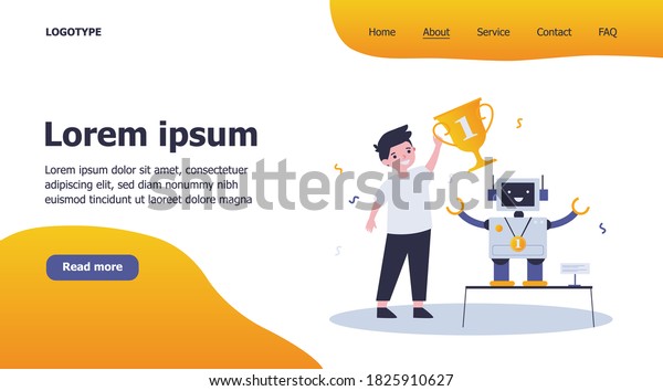 Young engineer making\
robot and winning award flat vector illustration. Cartoon winner\
holding cup for electronic toy. School programming project and\
competition concept