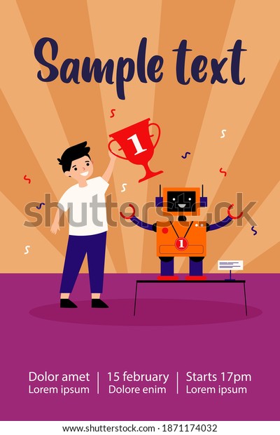 Young engineer making\
robot and winning award flat vector illustration. Cartoon winner\
holding cup for electronic toy. School programming project and\
competition concept