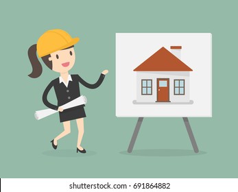 Young Engineer Presenting House Building On Whiteboard. Business Concept Illustration. 
