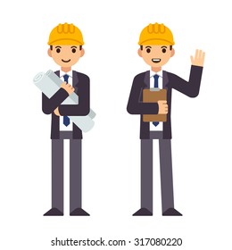 Young engineer in two poses, holding construction blueprints and waving and smiling. Modern flat style, cute cartoon vector illustration.