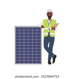 Young engineer in uniform and helmet stand near solar panels. Flat vector illustration isolated on white background