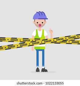 Young engineer wearing a hard hat and a reflecting vest. Caution. Danger yellow tape. Industrial illustration. Flat vector illustration, clip art. 