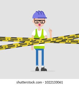 Young engineer wearing a hard hat and a reflecting vest. Caution. Danger yellow tape. Industrial illustration. Flat vector illustration, clip art. 