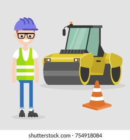 Young engineer wearing hard hat and reflecting vest. Asphalt paving works. Industrial illustration. Yellow steamroller and orange cone. Flat vector illustration, clip art. 