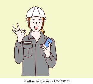 Young engineer woman with safety helmet, she using the smartphone and show the symbolic finger indicating OK. Hand drawn in thin line style, vector illustrations.