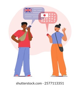 Young Englishman and Japanese woman cartoon characters having nice conversation using translator mobile phone service to understand each other and overcome language barrier vector illustration