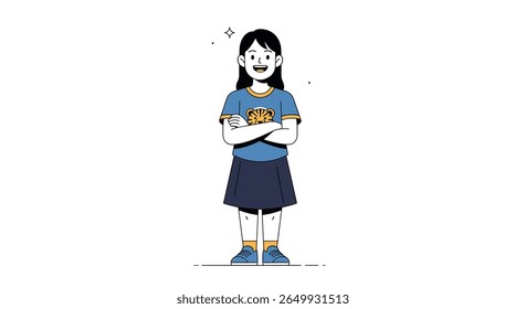 A young enthusiastic girl standing confidently with crossed arms and a friendly smile