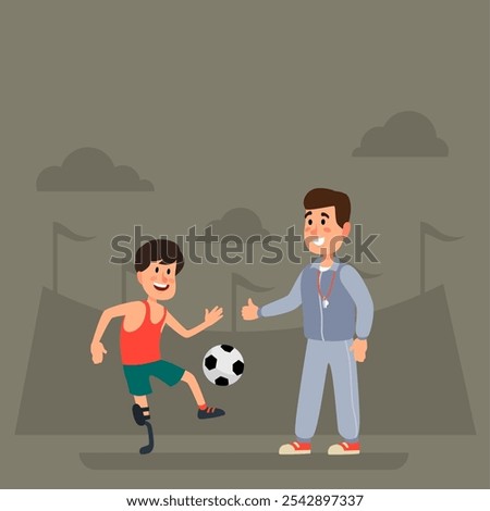 Young, enthusiastic soccer player with a prosthetic leg practices his skills with a supportive coach, showcasing determination and inclusivity in sports