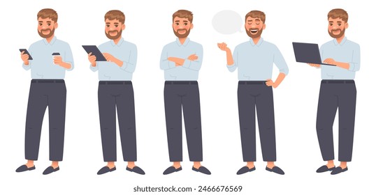 Conjunto de personajes de jóvenes emprendedores. Hombre de negocios de cuerpo entero en traje de negocios. El hombre usa una tableta, teléfono y computadora portátil, dice. Ilustración vectorial en estilo de dibujos animados