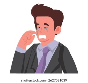 Jovem empreendedor chorando devido ao fracasso do negócio e desorganização da empresa, ilustração vetorial.
