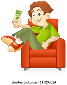 Young entrepreneur holding money while he relax on the sofa. passive income concept.