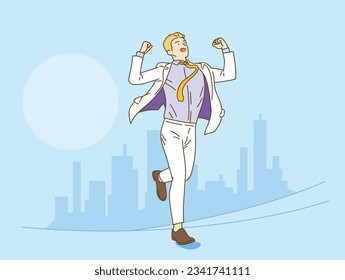 A young entrepreneur races to the finish line with a victory pose.