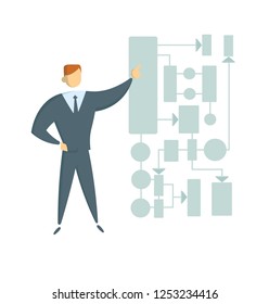 Young entrepreneur showing business project plan, presentation, chart, or scheme. Colorful flat style vector illustration. Isolated on white background.