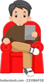 a young entrepreneur is sitting on a red sofa carrying and communicating using an modern tablet of illustration