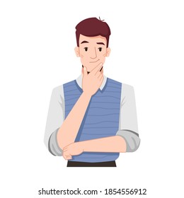 Young entrepreneur thinking or brainstorming on project. Wondering student or puzzled worker. Businessman pondering or planning. Man holding hand on chin. Cartoon character, vector in flat style