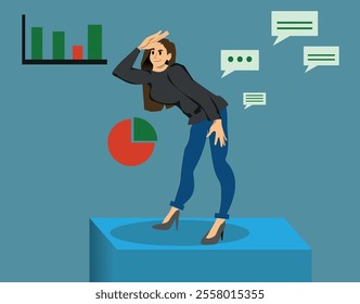  Young entrepreneurial woman observing and analyzing business ideas and proposals, market analysis and female entrepreneurship. vector illustration.