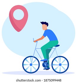 Young entrepreneurs cycle to work using map pointers. Our office location. Vector illustration.