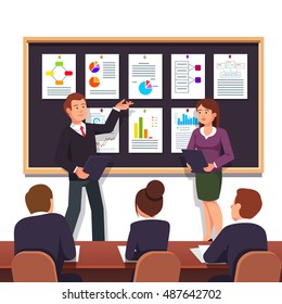 Young entrepreneurs presenting new startup project business plan to investors for evaluation looking for investment. Modern flat style vector illustration isolated on white background.