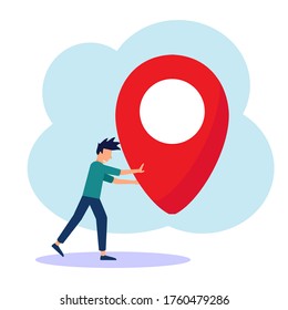 Young entrepreneurs push next to a big map pointer. Our office location. Vector illustration.