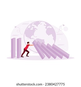 Young entrepreneurs resist the domino effect that is about to fall. Overcoming the financial crisis. Financial Instability concept. trend modern vector flat illustration